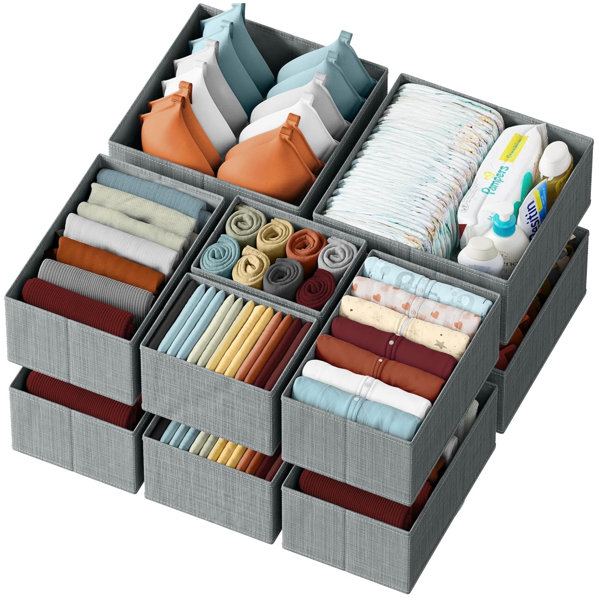 Grey drawer dividers filled with clothes