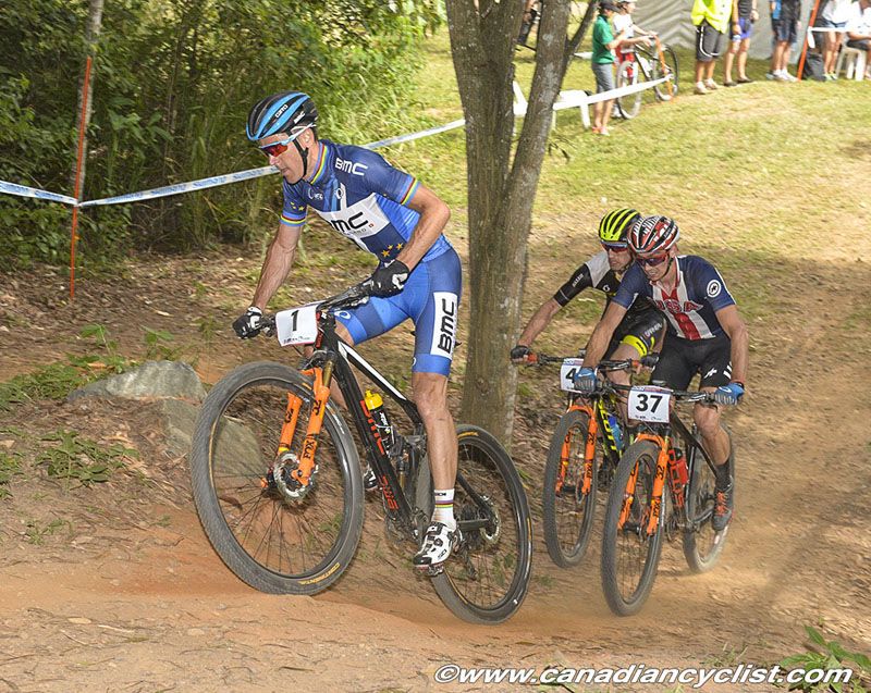 Julien Absalon (BMC Mountainbike Racing Team) chasing back from a flat that dropped him into the 30's
