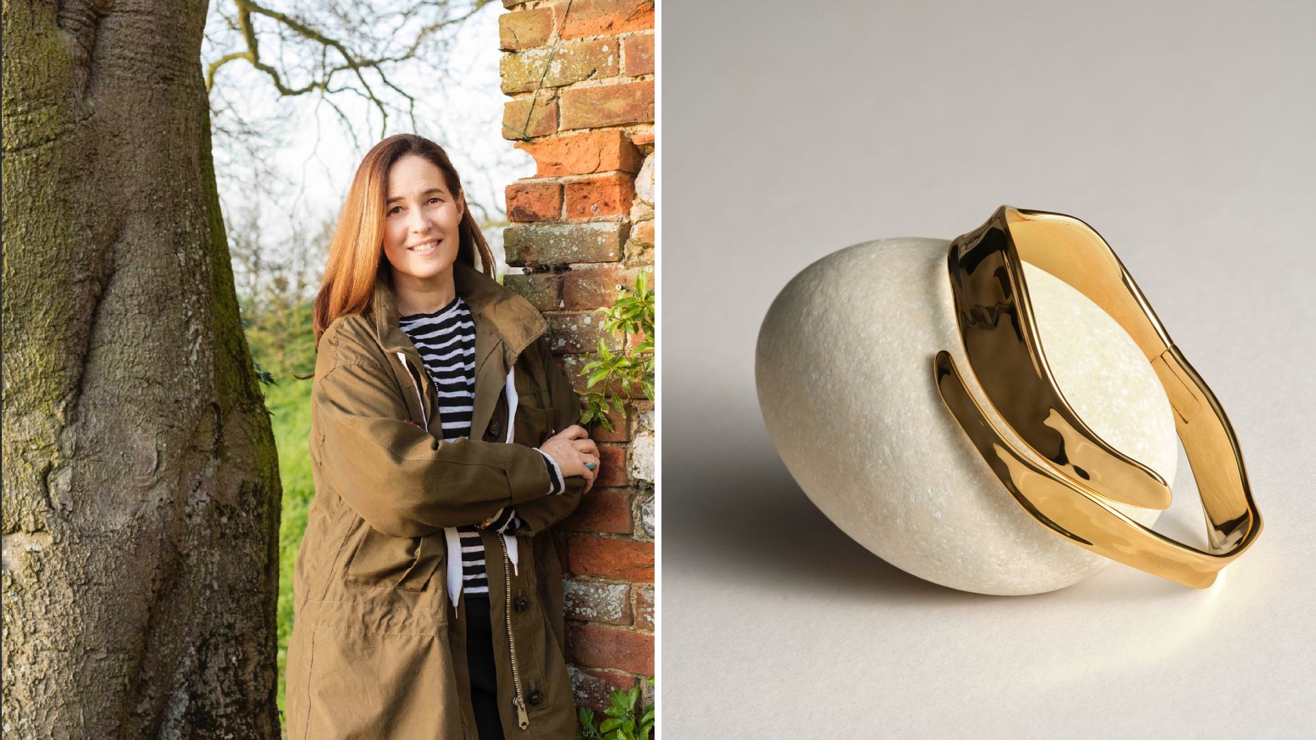Monica Vinader standing outside and one of her gold bangles propped on a pebble