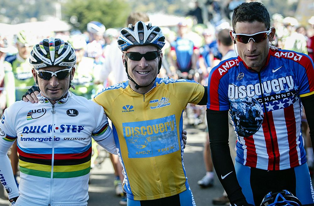World Champion Paolo Bettini, race leader Levi Leipheimer and US National Champion George Hincapie line up for the start in 2007