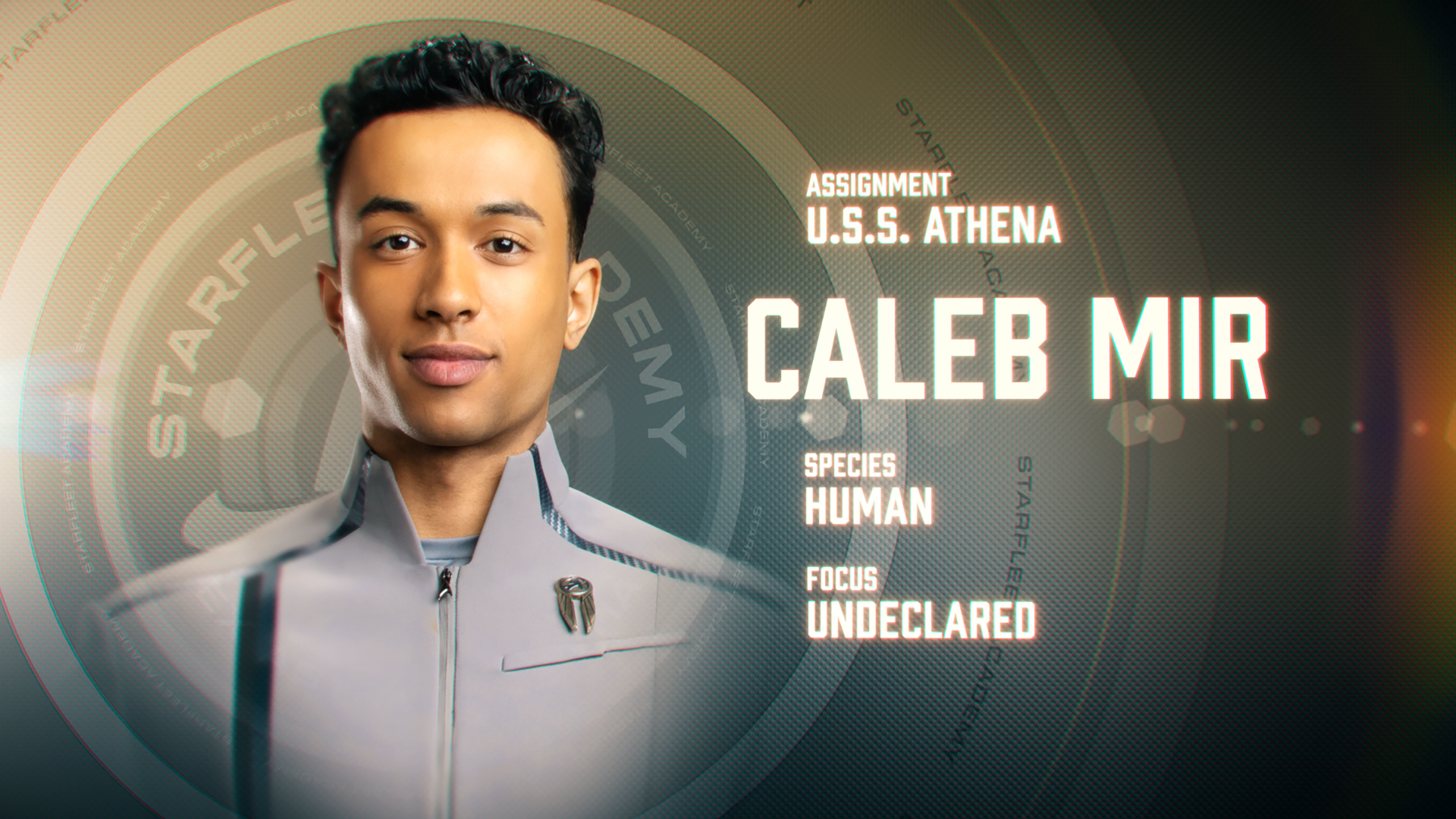 Sandro Rosta as Caleb Mir in art for season 1 of Star Trek: Starfleet Academy. Streaming on Paramount+. Photo Credit: Sarah Coulter/Paramount+
