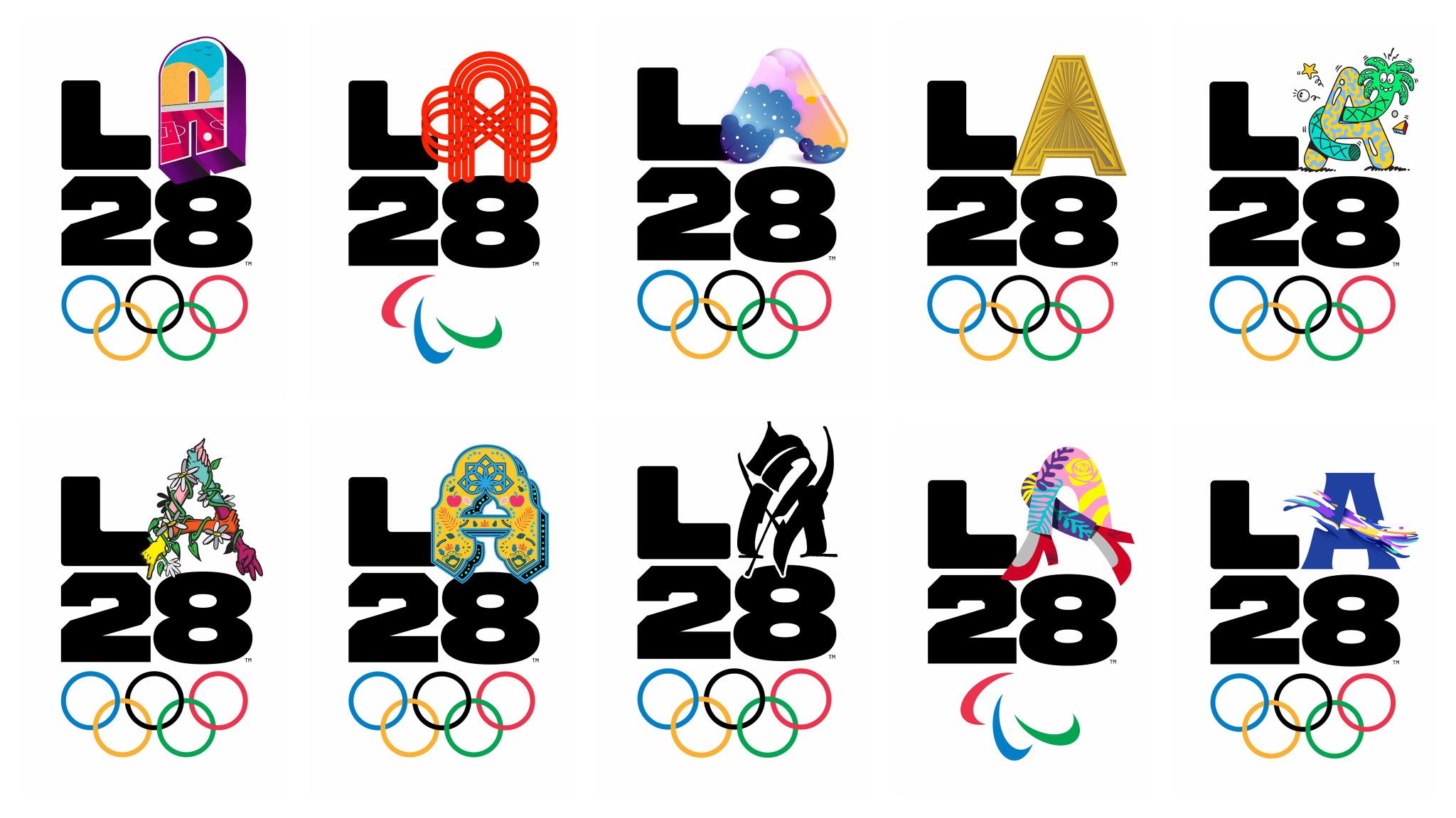 Una cuadrícula de diez variaciones del logotipo olímpico y paralímpico de LA28, cada una con una letra 