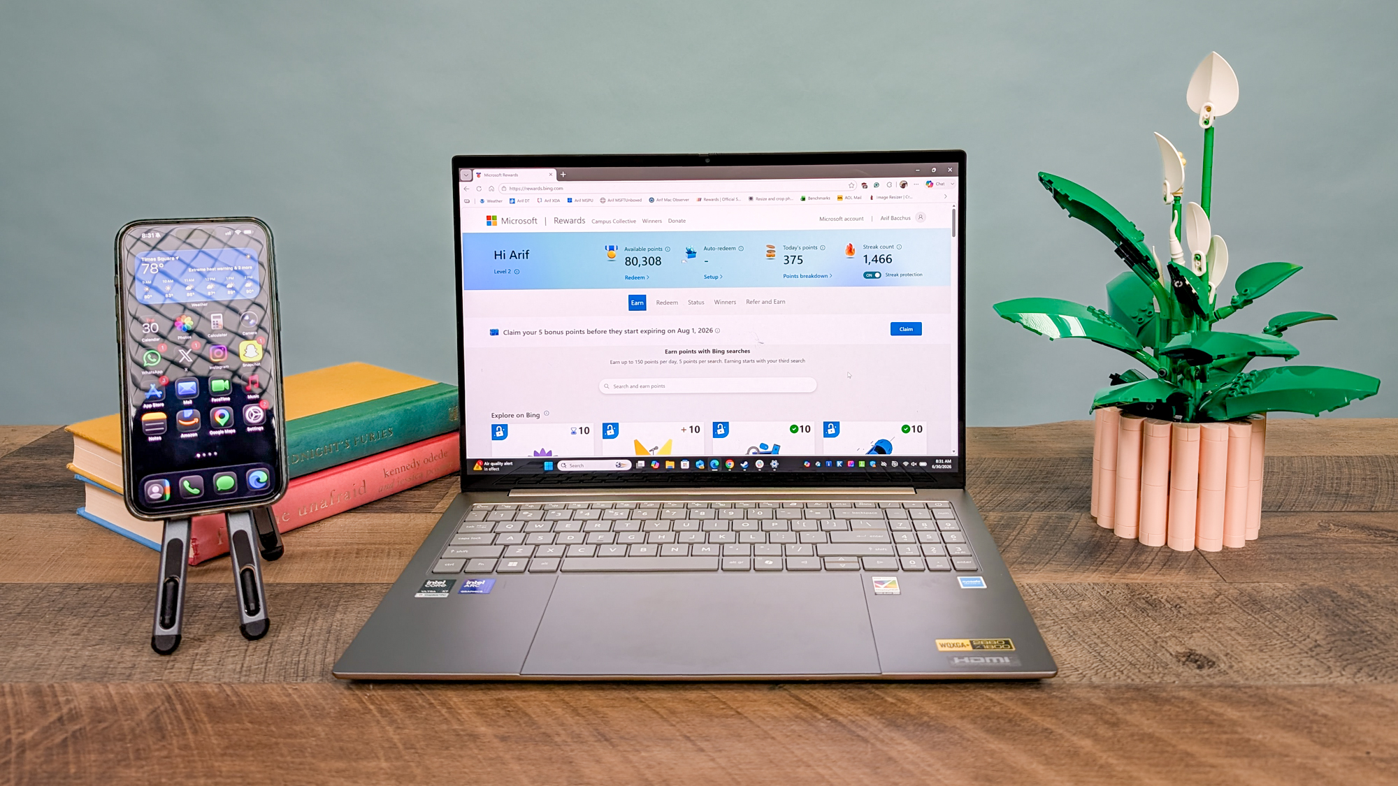 The Microsoft Rewards dashboard on a laptop