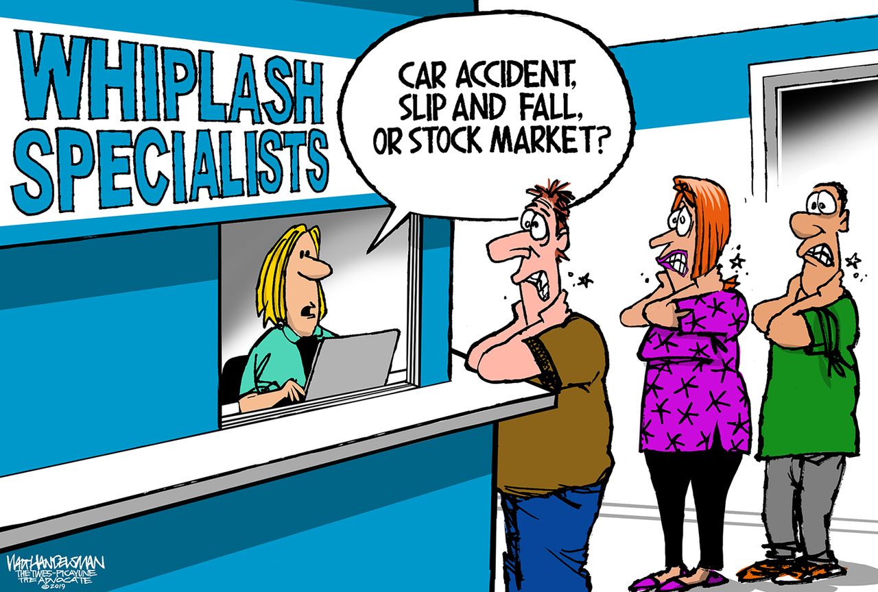 Political Cartoon U.S. Economy Whiplash Stock Market Car Accident