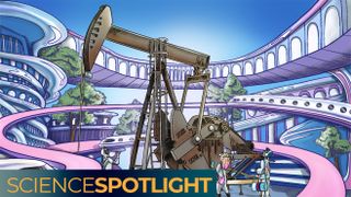 An illustration of "The Last Oil Rig" on display in a futuristic setting