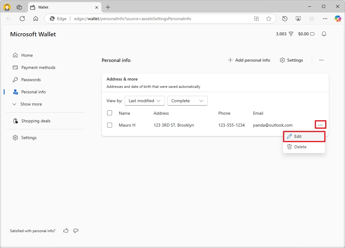 Edge edit personal info