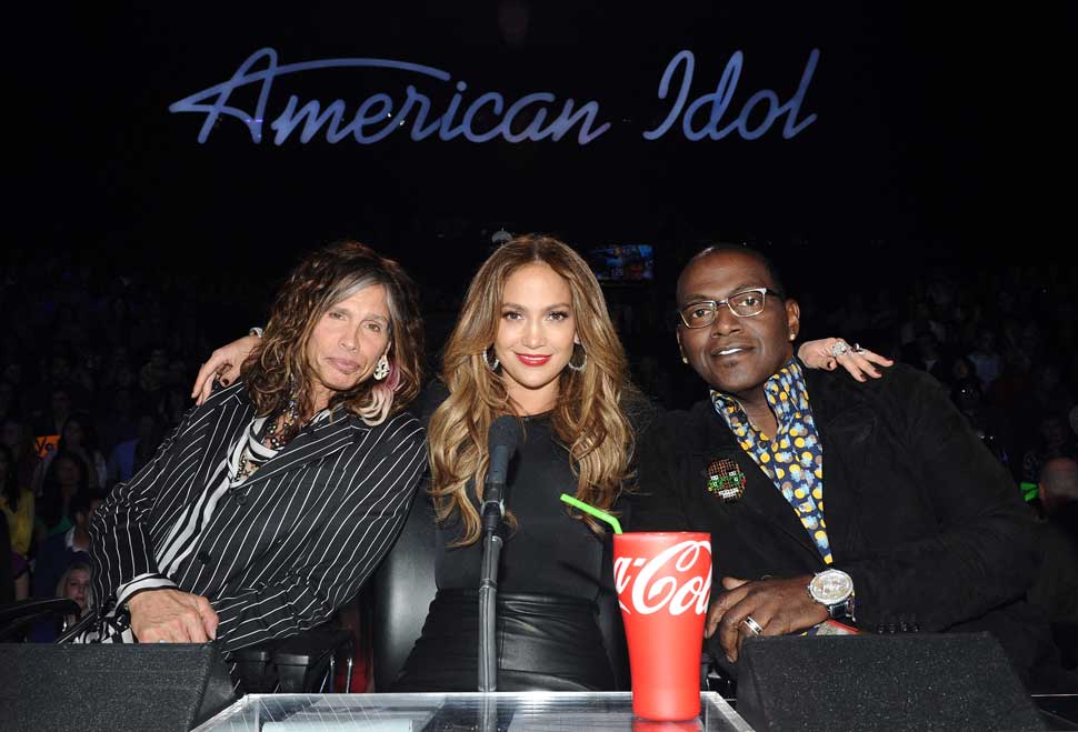 Steven Tyler, Jennifer Lopez and Randy Jackson post on the set of American Idol