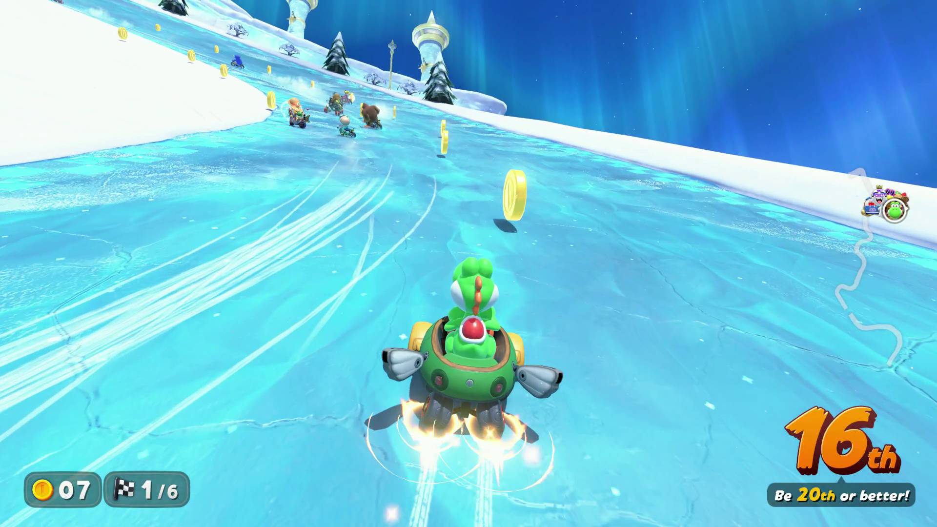 Mario Kart World charge jump yoshi charging up jump with sparks flying out of tires