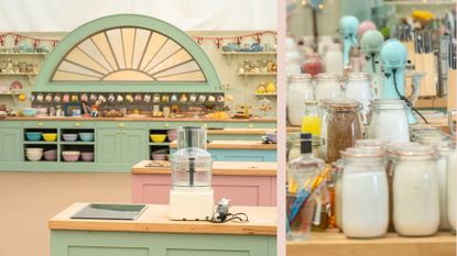 The Great British Bake Off tent and a picture of the stand mixers lined up