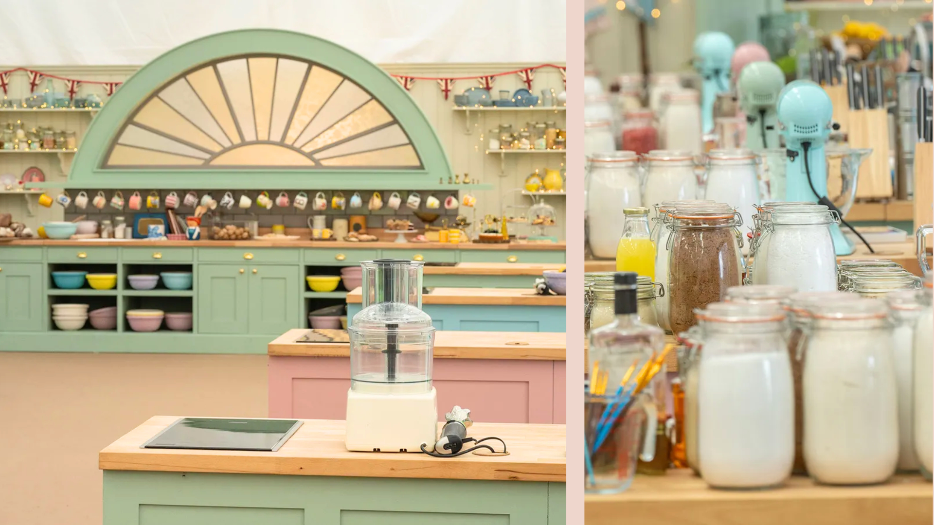 The Great British Bake Off tent and a picture of the stand mixers lined up