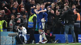 Ross Barkley celebrates his goal against Liverpool with Chelsea team-mate Billy Gilmour