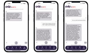 Three phone screenshots showing a hypothetical conversation with the EvieAI beta chatbot about a woman's perimenopausal symptoms.