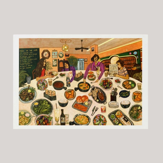A cartoony rendering of a dinner at a restaurant is captured in a poster with vibrant tones, and placed against a pale grey background.