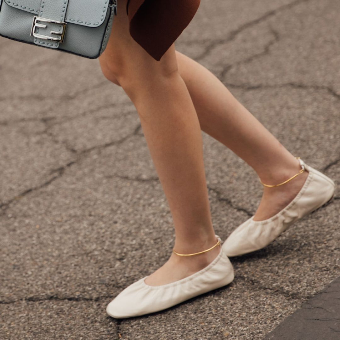 white high vamp flats with gold anklets 