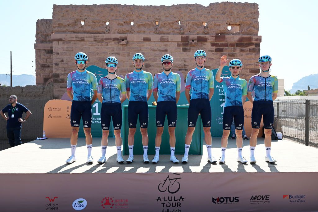 XDS Astana before the start of the opening stage of the 2025 AIUIa Tour