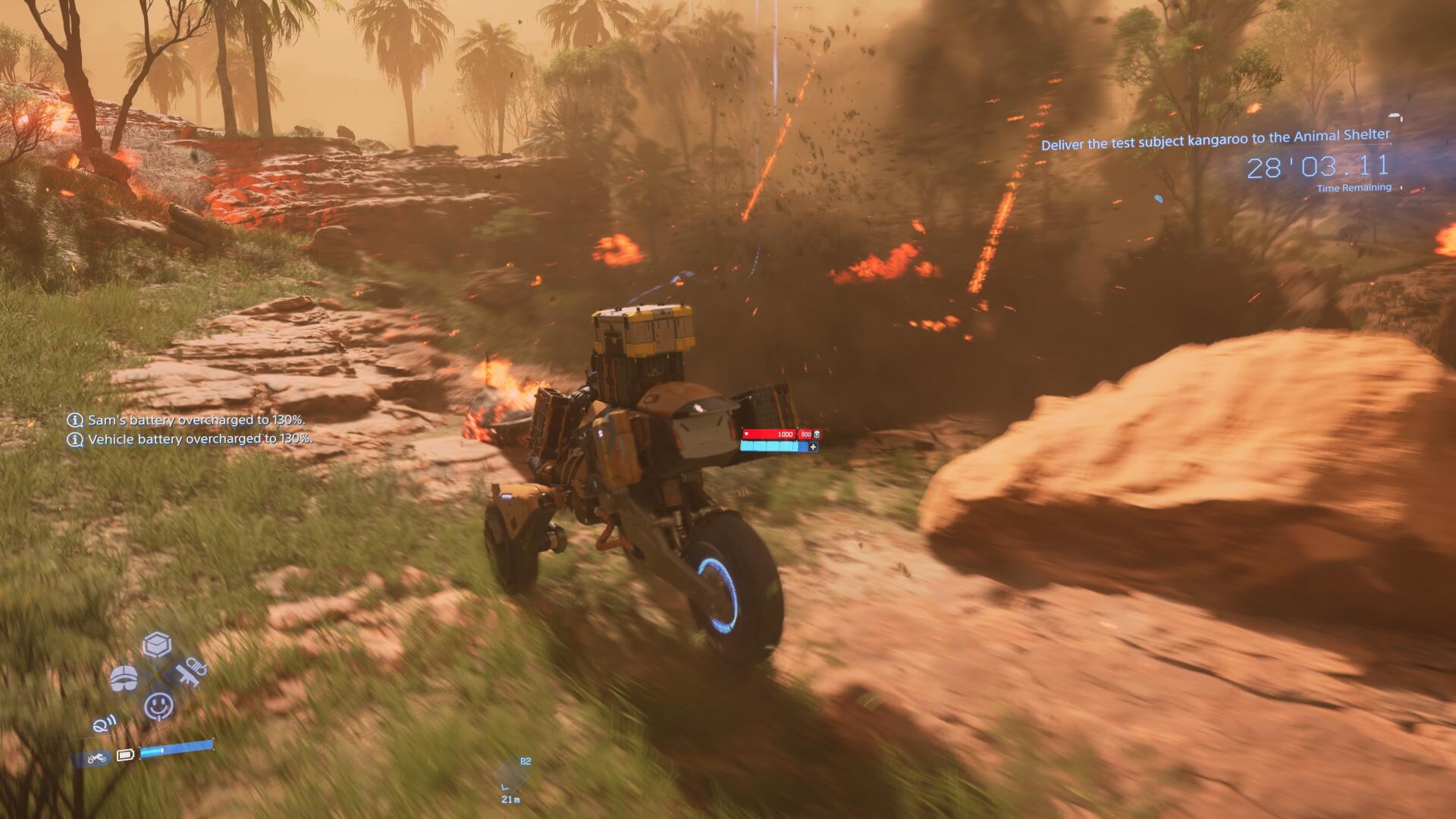 Sam bikes through a wildfire in Death Stranding 2: On the Beach