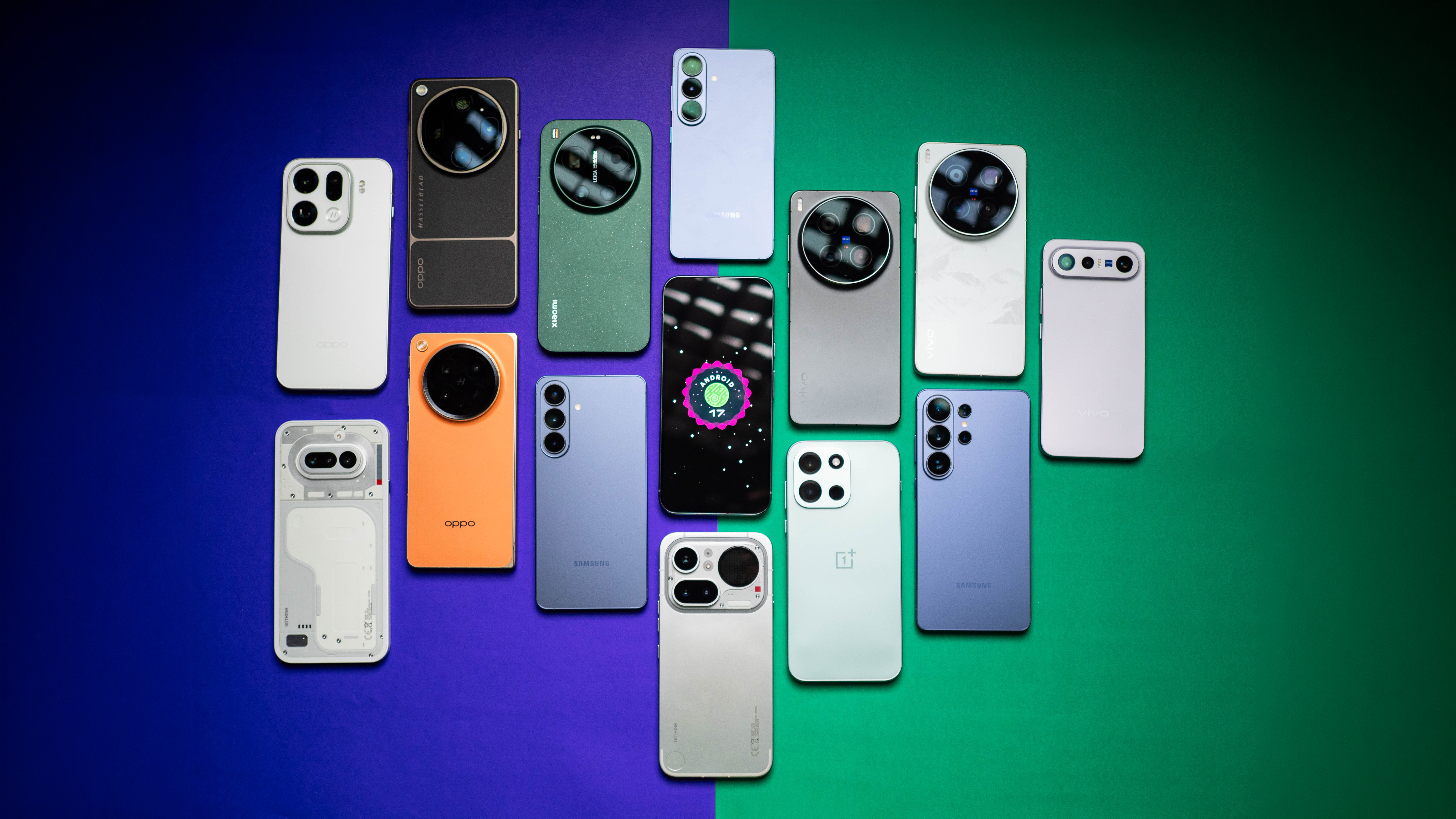 Pile of phones with Pixel 10 Pro XL showing Android 17 logo