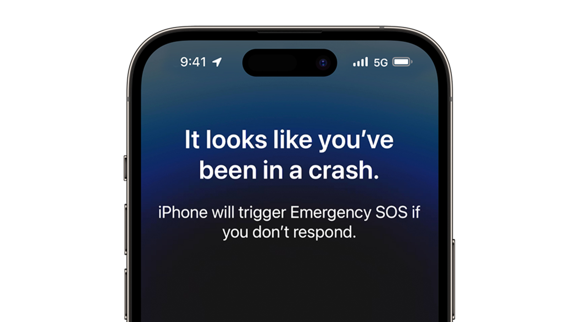 An iPhone 14 Pro with the text 'It looks like you've been in a crash' on the screen