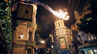 fire breathing dragon at Diagon Alley for the holidays