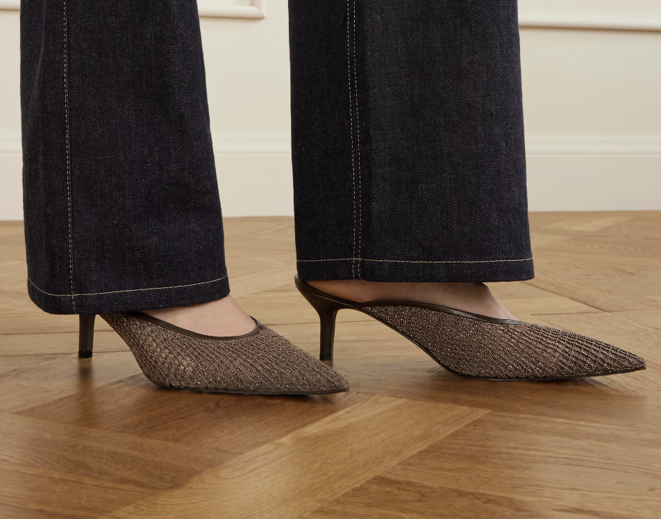 BRUNELLO CUCINELLI, Leather-trimmed bead-embellished mesh mules