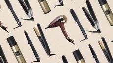 A selection of ghd products in a diagonal pattern on a beige background