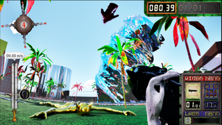 A psychedelic scene where palm trees glow in rainbow colours and a golden enemy lays splayed out on the ground 