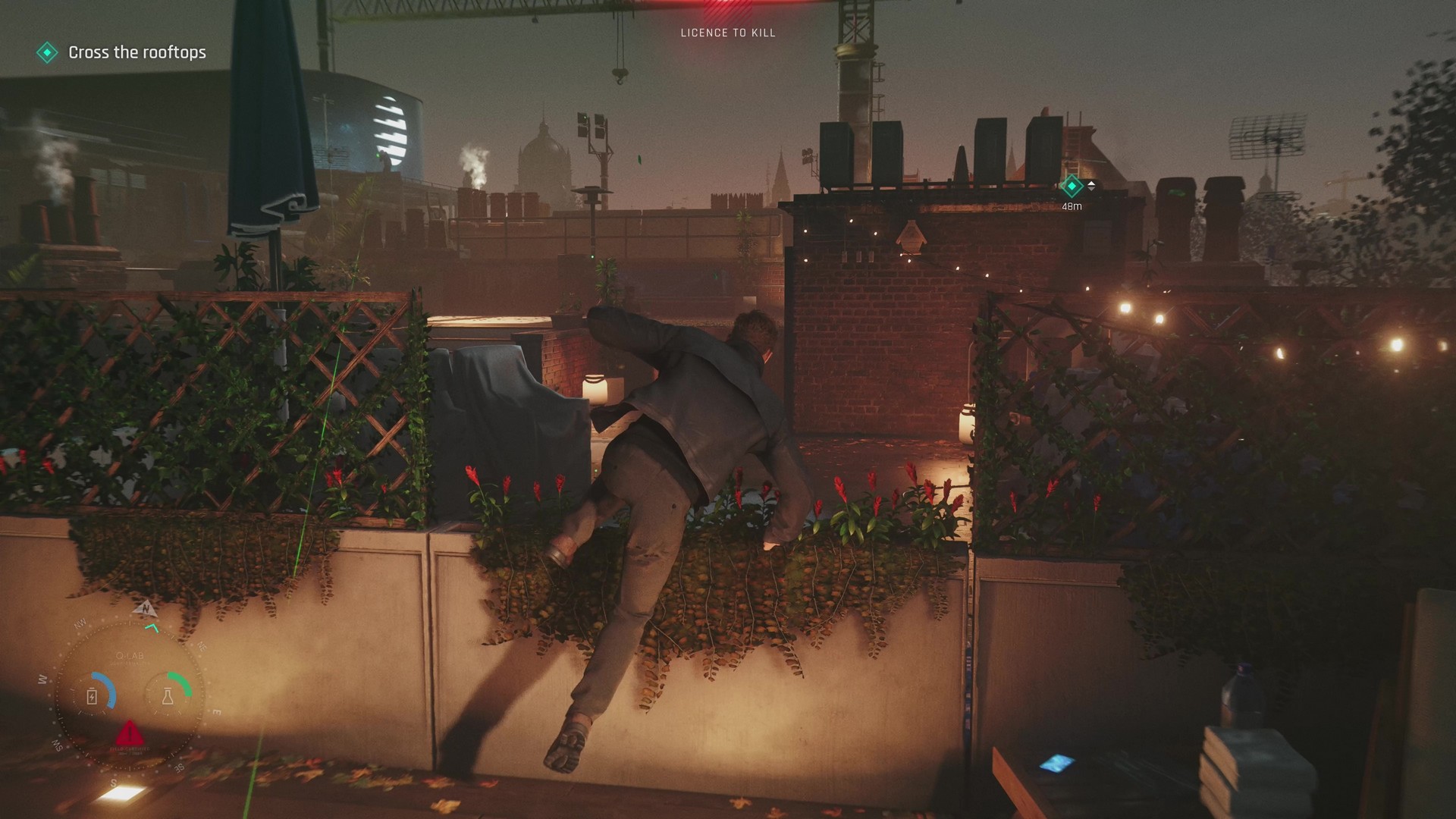 Bond hops a rooftop garden fence as he evades sniper fire across London rooftops in 007 First Light