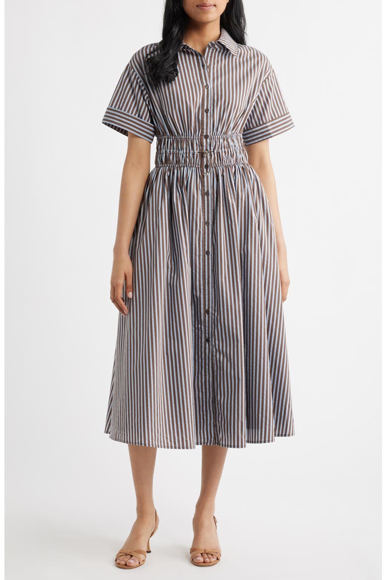 Stripe Short Sleeve Cotton Blend Midi Shirtdress
