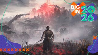 Key art for Nioh 3, showing the hero standing on a rocky cliff outcrop with sword in hand surrounded by spider lilies, while looking ahead at a feudal Japan castle covered in a red energy from the sky, dark growths overtaking the nearby landscape, with the GamesRadar+ Big in 2026 branding frame