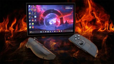 A Lenovo Legion Go 2 handheld with game controllers, set against a fiery backdrop.