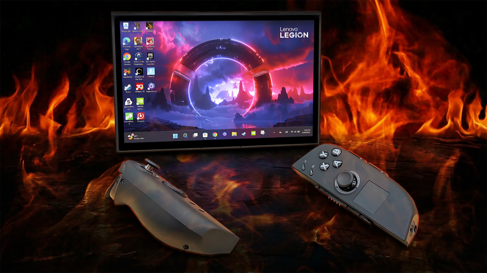 A Lenovo Legion Go 2 handheld with game controllers, set against a fiery backdrop.