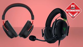 best gaming headset hero image with two headsets and the pc gamer recommends logo