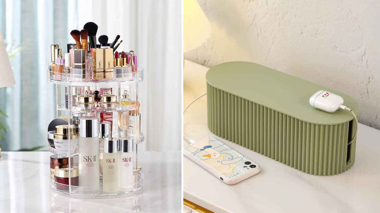 Makeup organizer on left, green cable organizer box on right