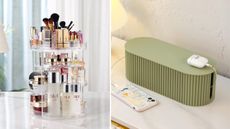 Makeup organizer on left, green cable organizer box on right