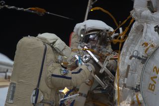 Cosmonauts Misurkin and Yurchikhin on Spacewalk