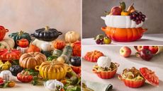 Three images of the Le Creuset Pumpkin Collection, including their casserole dishes, mini cocottes, and serving bowls