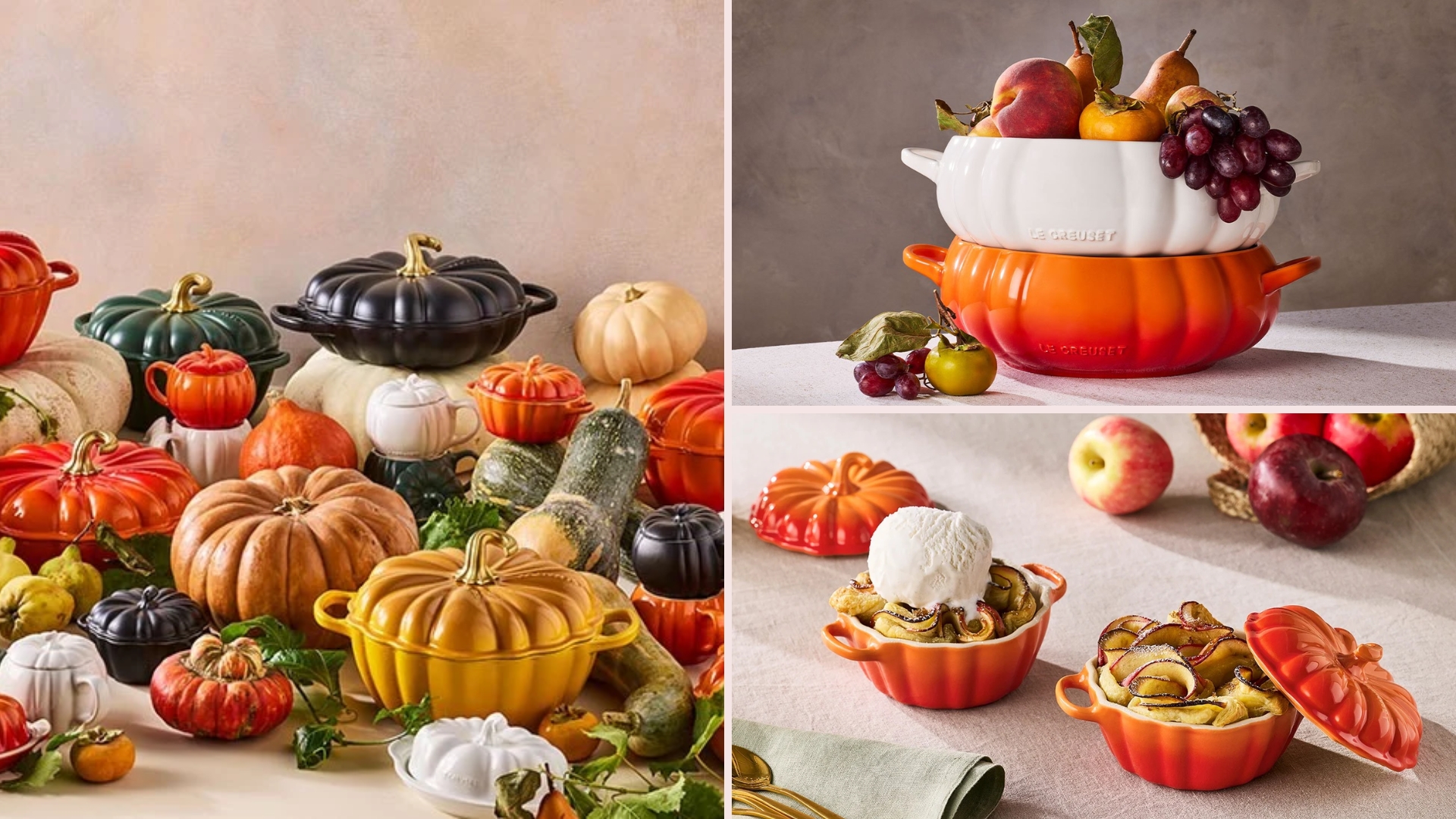 Three images of the Le Creuset Pumpkin Collection, including their casserole dishes, mini cocottes, and serving bowls