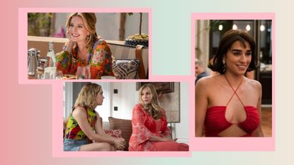 The White Lotus outfits: stills of Meghann Fahy, Haley Lu Richardson, Jennifer Coolidge and Simona Tabasco in The White Lotus season two/ in a pink, orange and green template