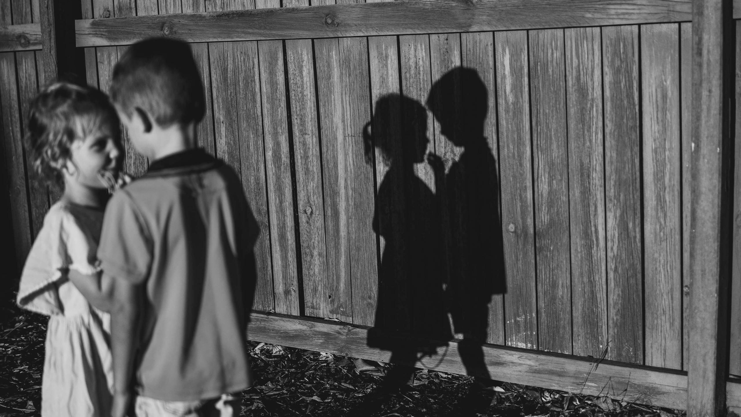 Shadow of two children on fence. 