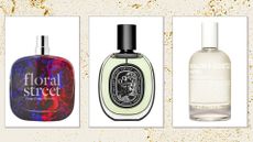 A selection of 'dinner party'-approved perfumes from Floral Street, Diptyque and Malin+Goetz, in a cream 3-picture template with a gold glitter overlay