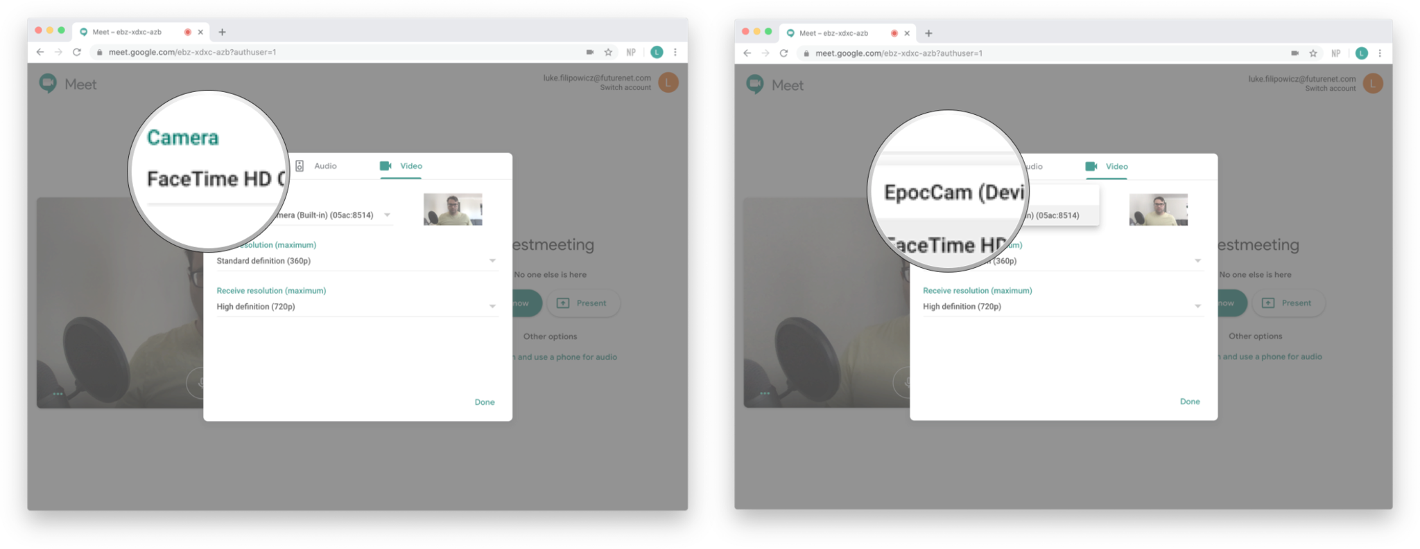 Changing camera settings in Google Meet: Click on the camera and the click on the EpocCam.