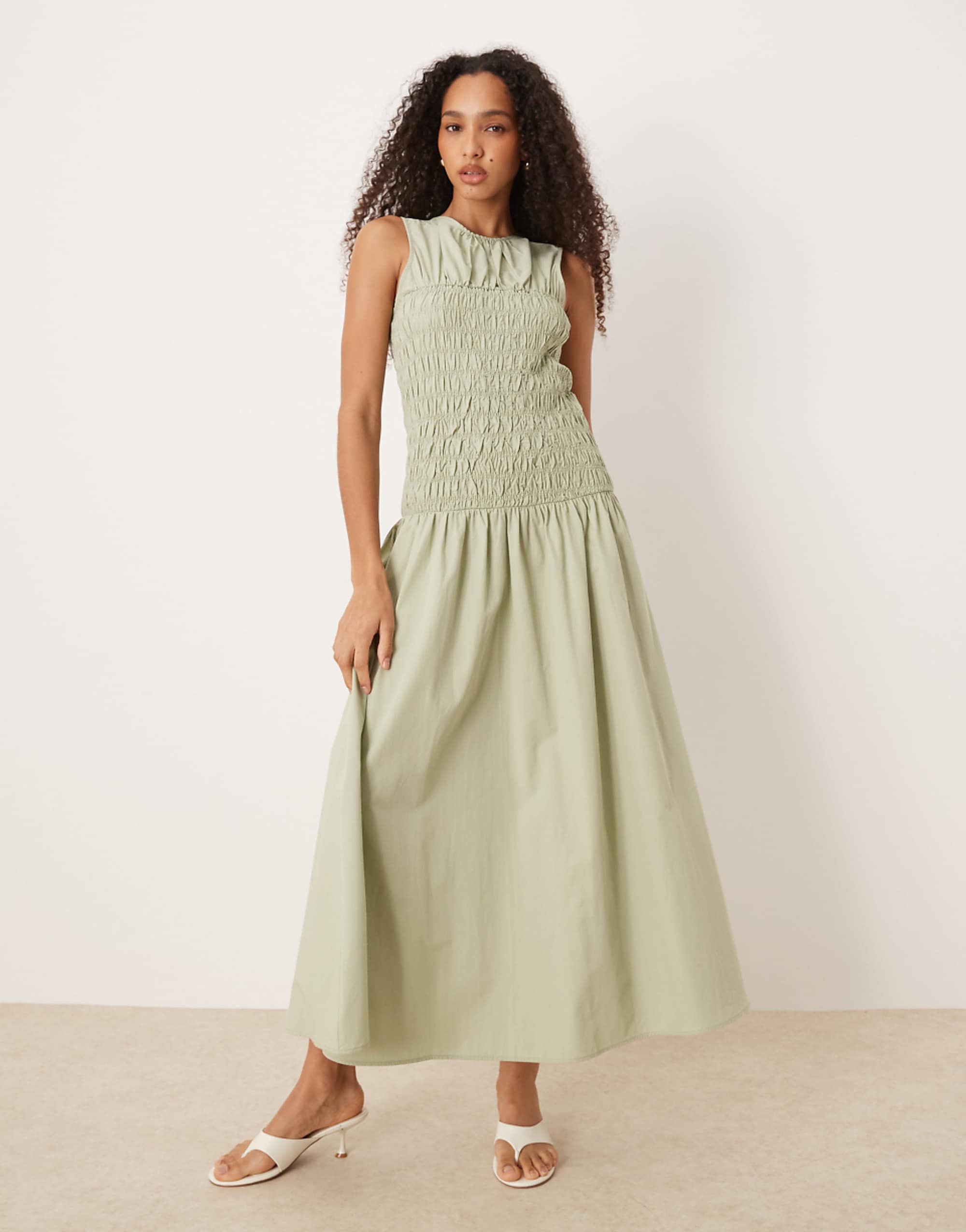 Asos Design Shirred Waist Maxi Dress in Sage