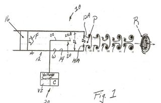 A patent drawing of how a vortex gun would fire electrically charged rings of gas or air.