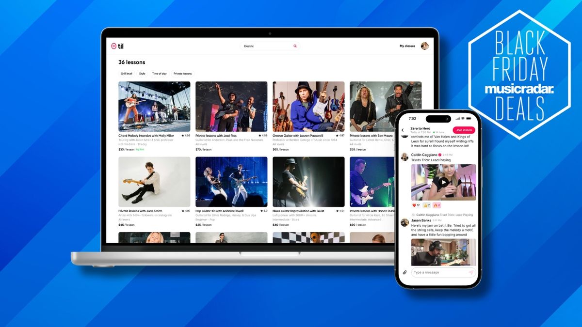 A laptop and smartphone showing the Til online guitar lessons platform