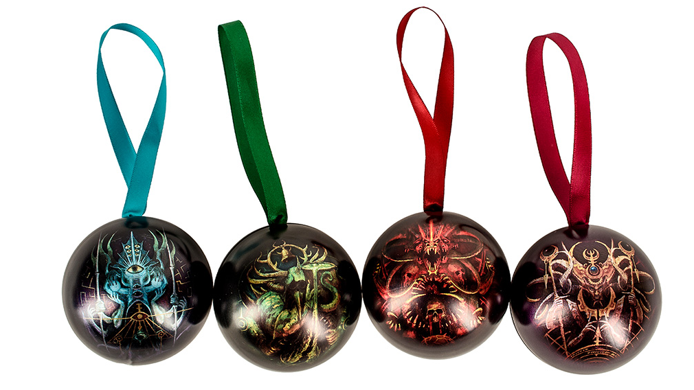 A set of Warhammer Christmas baubles, each themed after one of the four Chaos gods.