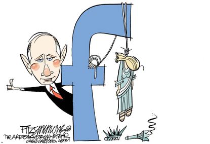 Political cartoon U.S. Putin Russian election meddling Facebook Cambridge Analytica data Lady Liberty