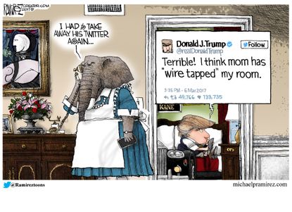 Political Cartoon U.S. GOP mother President Trump take away Twitter