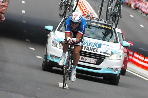 French time trial champion Sylvain Chavanel (Omega Pharma-QuickStep) was in the hot seat until Wiggins then Cancellara beat his time.