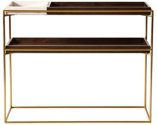 Swoon Hansel Contemporary Console Table in Gold White Marble & Mocha-Stained Mango Wood