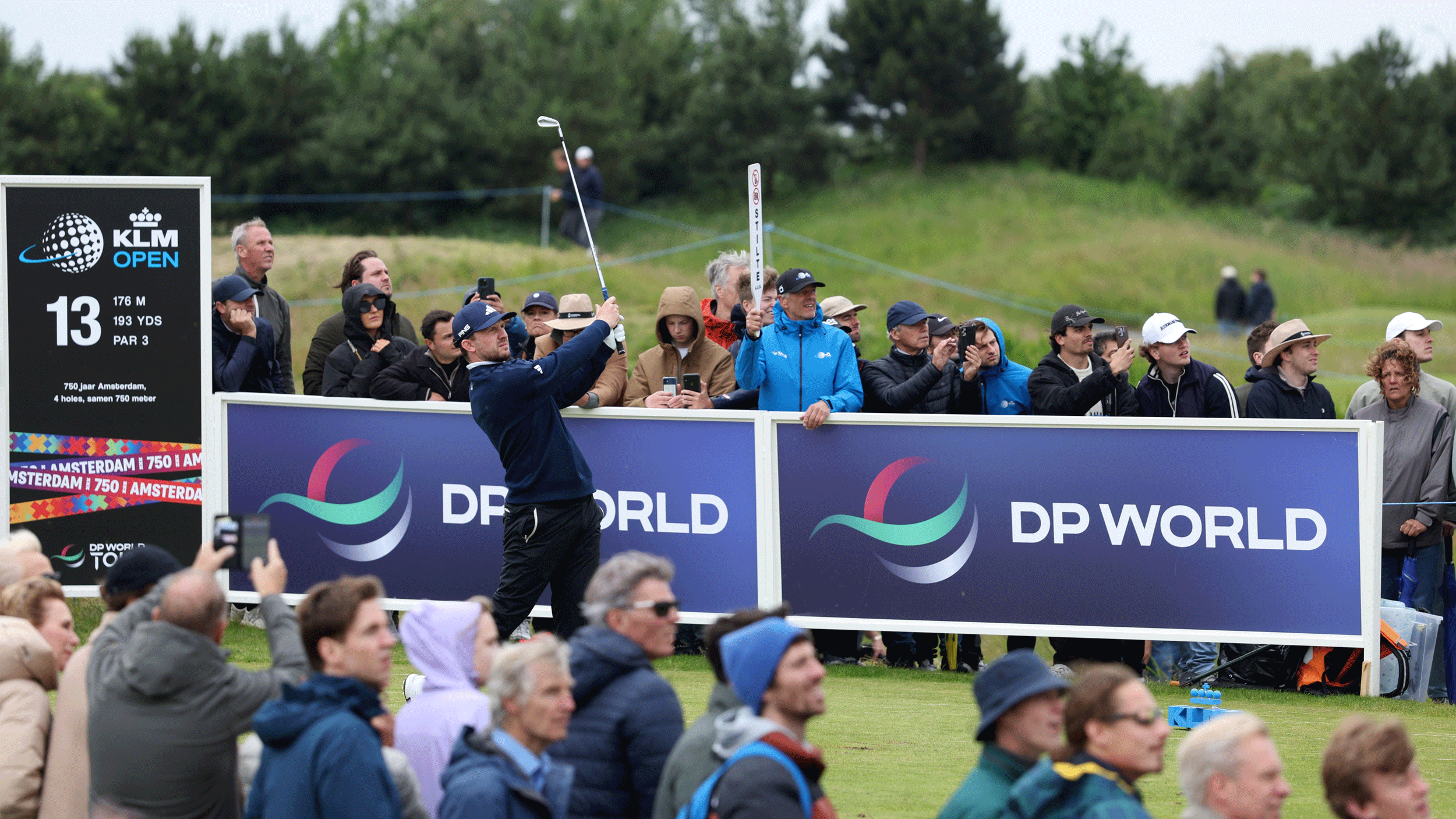 Connor Syme hits a tee shot during the final round of the 2025 KLM Open at The International Golf Club in Amsterdam